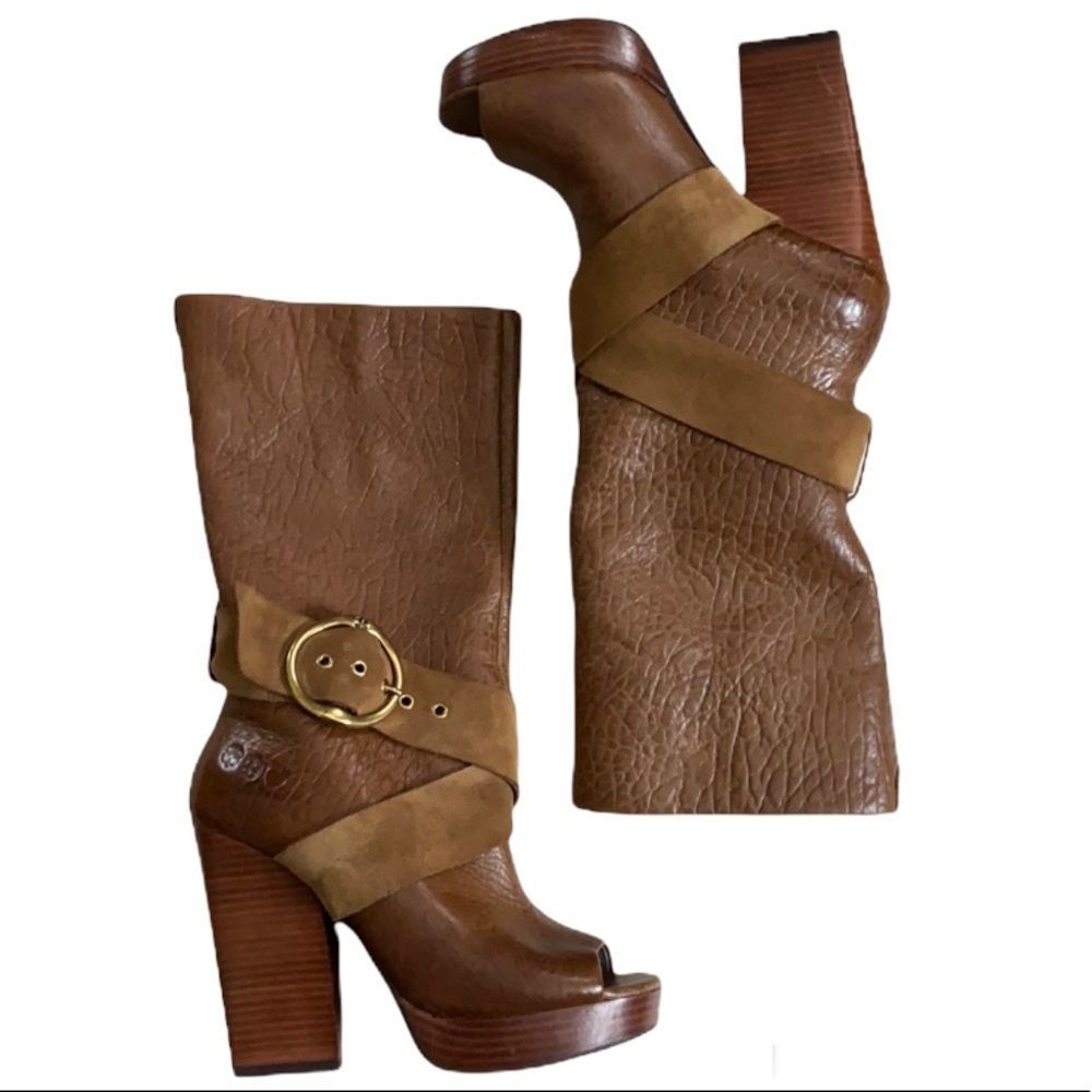 Lucky Brand Brown Leather Platform Heel Boots with Gold Buckle